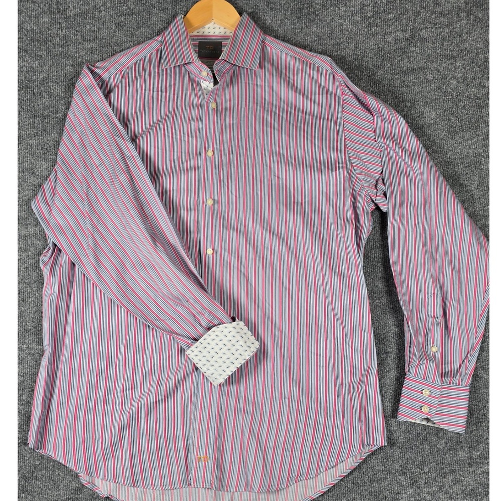 Thomas Dean Mens Red Blue Stripe Long Sleeve Button Down Dress Shirt L